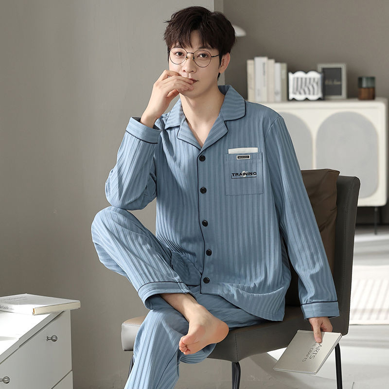 남자 순면 잠옷 봄과 가을 긴 소매 새로운 캐주얼 느슨한 플러스 사이즈 플러스 뚱뚱한 가정 옷 세트 남자의 가을과 겨울