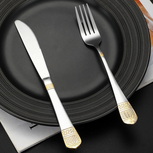 Cross-border stainless steel tableware spoons and forks retro gold-plated Western food knife and fork spoon hotel steak knife and fork set wholesale