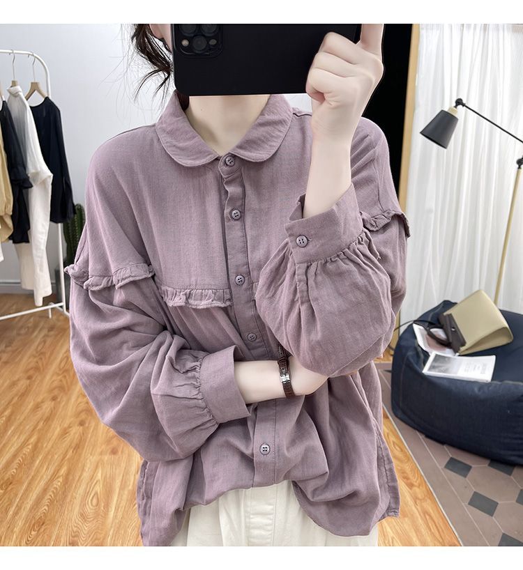 Women's Cotton Linen Blouse With Ruffles And Lantern Sleeves_voghion.com