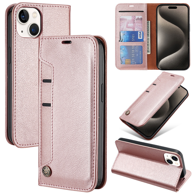 Suitable for Iphone16Pro Mobile Phone Leather Case, Apple 15 Wallet, Simple Flip Phone Case, 14Pro Card-Inserting Magnetic Case