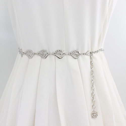 Metal waist chain for women, versatile and fashionable silver leaf hook chain with shirt, sweater and dress decorative thin belt