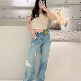 南油2025秋手钩贴花刺绣牛仔裤女秋季新款直筒裤立体街头潮人