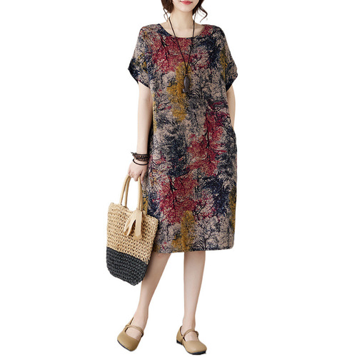 Floral Summer New Cotton Linen Retro Plus Size Loose Mother Slimming Dress Short Sleeve Dress Elegant