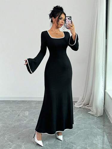European and American new style temperament square collar socialite style contrasting color slim slimming elegant dress