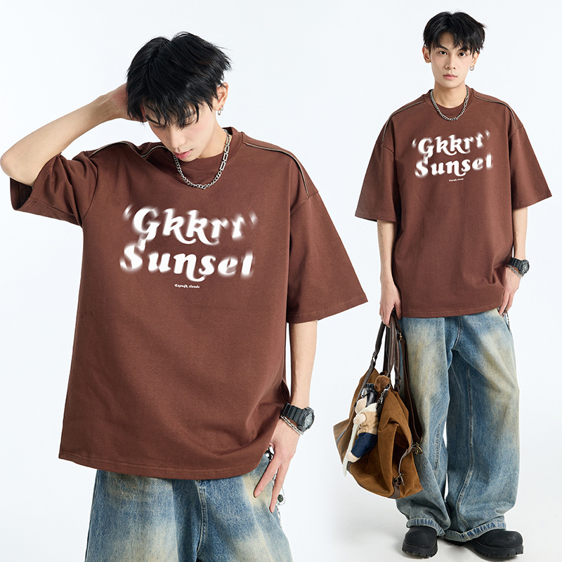 夏用ぼんやりプリント厚手320g半袖Tシャツメンズジッパーデザイン七分袖トップストレンディブランドルーズTシャツ|undefined