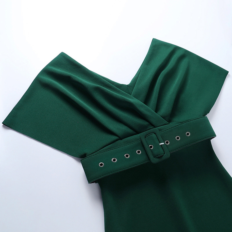 Slim Off-The-Shoulder High Waist Solid Color Dress With Belt NSAFS115631