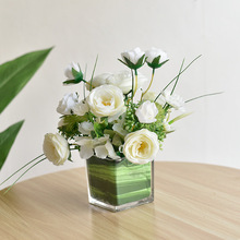 新款假花仿真花擺設玻璃方杯小桌花餐桌茶幾商務會議桌面裝飾花藝
