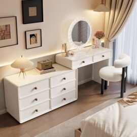 复古实木梳妆台卧室斗柜一体可伸缩化妆桌奶油风小户型转角化妆台