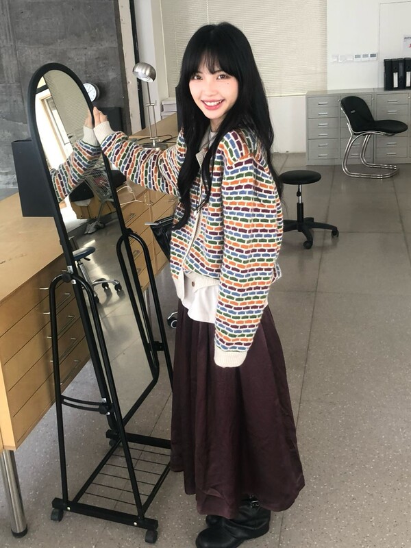 韩国复古彩虹条纹POLO领针织开衫女秋冬新款宽松减龄洋气毛衣外套|undefined