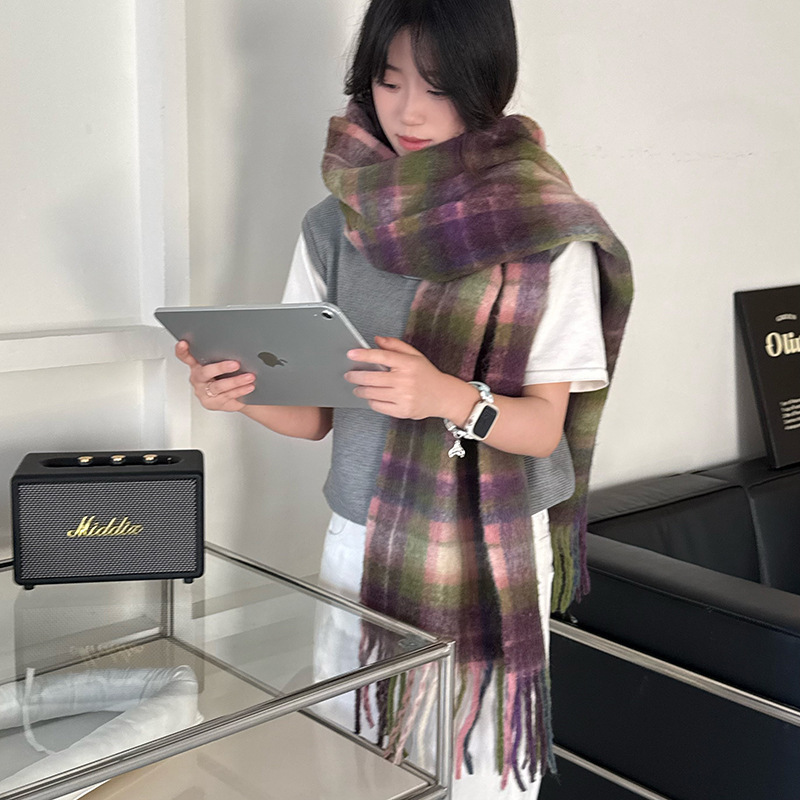 自制紫色格纹洋气时尚气质羊毛流苏围巾冬季女保暖加厚百搭围脖|undefined