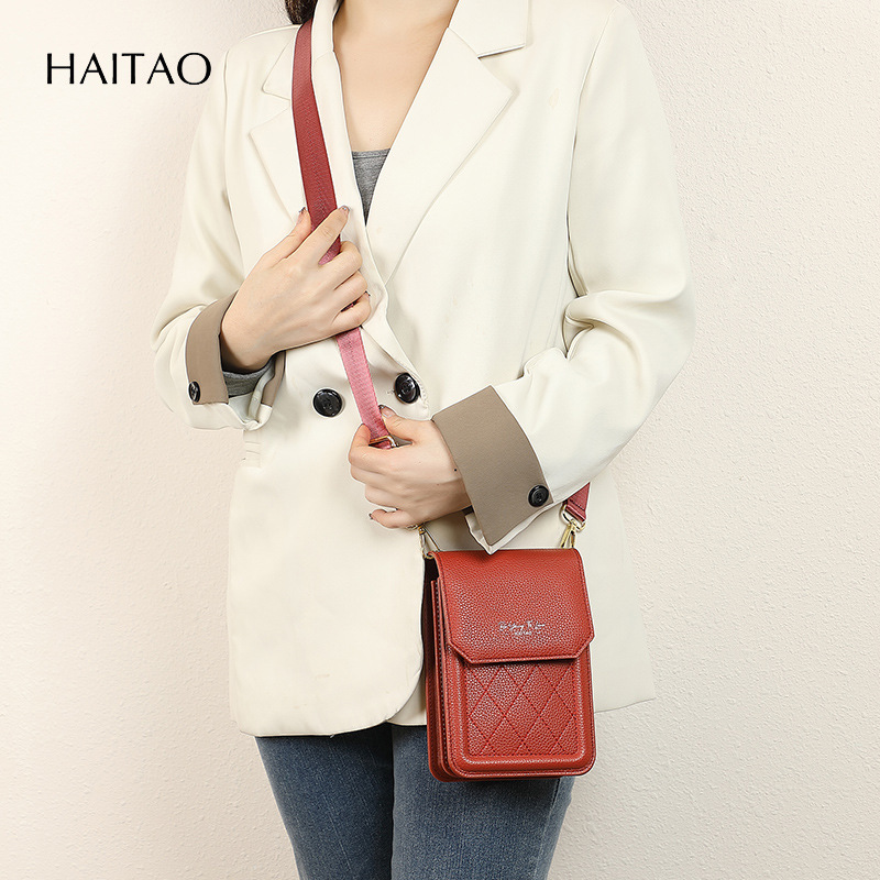 Haitao cuero mochila de diseño de moda exquisita sensación de celosía bolso de teléfono móvil de mujer diaria versátil hombro único bolso de tramo inclinado