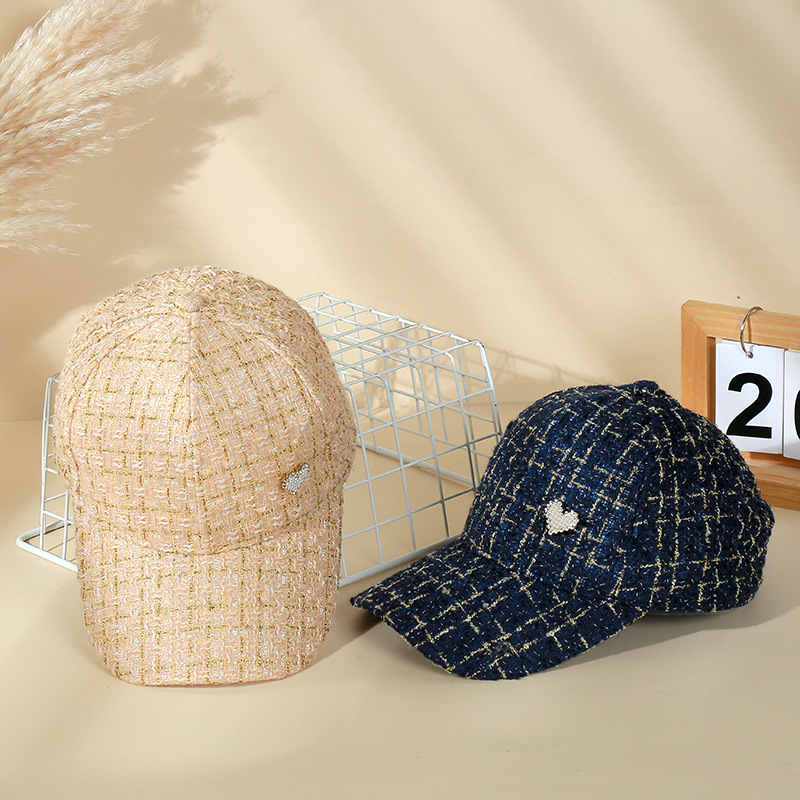 Ivy Cap Hats Type Daily, Street Occasion Plaid, Heart Shape Pattern Women's Retro Simple Style Plaid Heart Shape Rhinestone Pearl Curved Eaves Ivy Cap