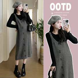 孕妇套装秋装外穿大码宽松毛衣针织连衣裙两件套春秋季高端孕妇装