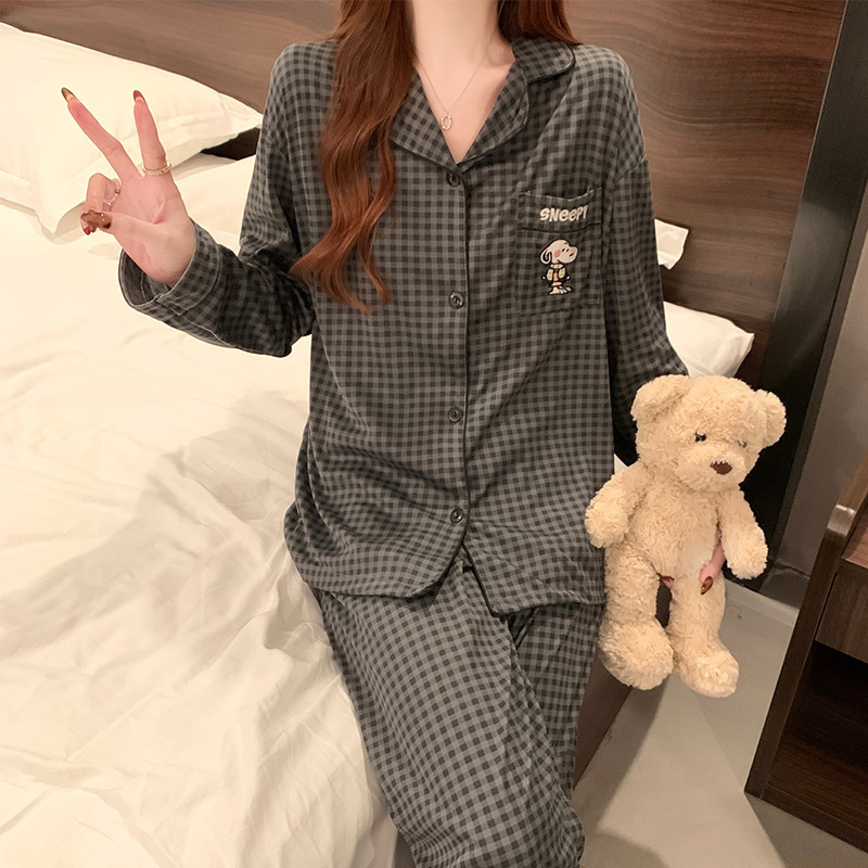 甘美少女スヌーピーパジャマレディース春新作格子長袖ホームウェア高級感快適セット卸|undefined