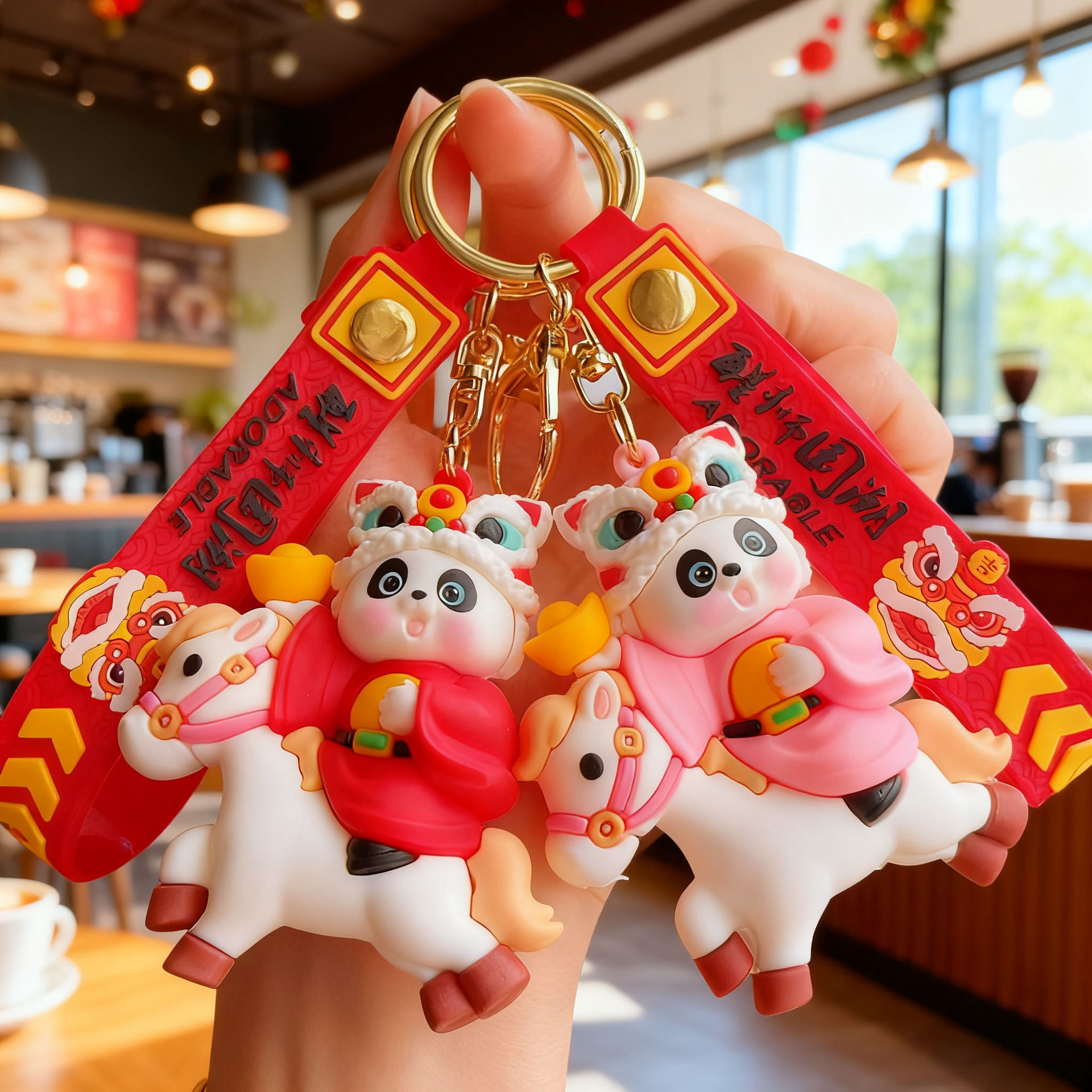 Chinese Style Year of the Horse Keychain Accessories Cartoon Riding Panda Car Bag Keychain Pendant Small Gifts Wholesale
