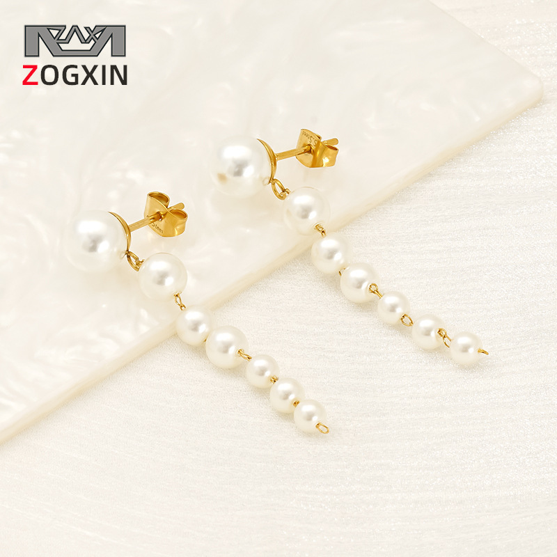 Pendientes largos de todo fósforo degradados de tamaño simple europeo y americano pendientes de borla de perlas pendientes de acero inoxidable de 18 quilates mujeres