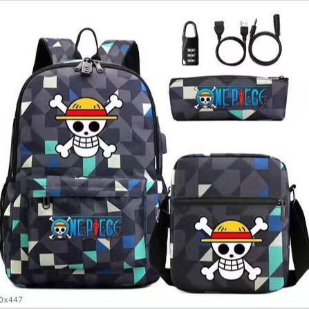 One Piece School Bag Three-Piece Set, Game Peripheral Backpack, Large Capacity, Middle School Student Campus Computer Canvas Bag, Lightweight