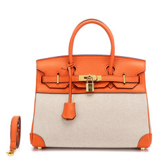 歐美新款真皮女包頭層牛皮配帆布時尚鉑金包女士手提包單肩包