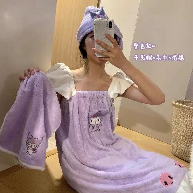 Ins-Style Cool Purple Kuromi Bath Skirt Towel, Soft, Absorbent, Skin-Friendly, Non-Shedding Bathrobe, Upgraded Camisole for Women, Sleeveless