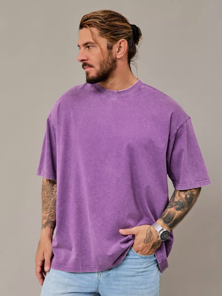 Shoulder-down lavar camiseta de manga corta hombre verano cuello redondo suelto oversize retro americano inns top retro tendencia