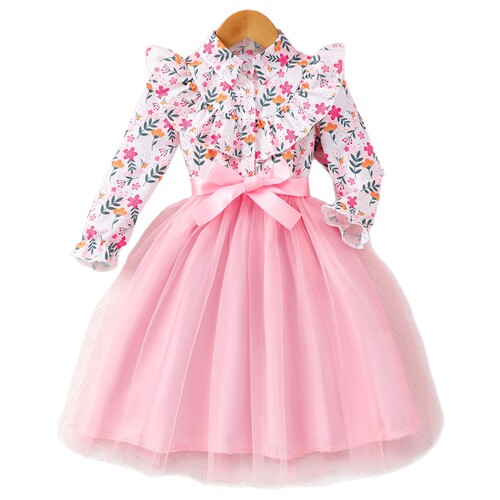2-12 Year-old girl's long-sleeved lapel floral mesh dress for small and medium-sized children's princess dress with woven belt, new in spring