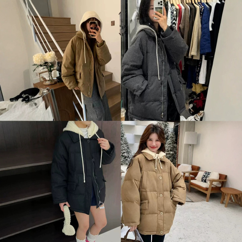 【Detachable Knit Hat】Korean Dongdaemun Bestseller Large-Capacity Pocket Solid Color Down Jacket for Women Casual Style