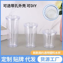 新款简约透明塑料水杯创意双层塑料杯户外运动带吸管随行水杯批发