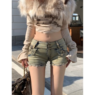 美式复古低腰提臀显瘦辣妹牛仔超短裤女性感修身铆钉牛仔裤-阿里巴巴