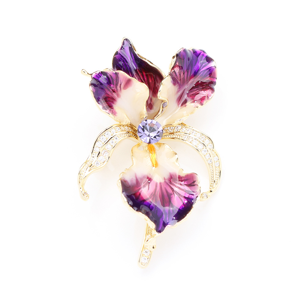 Cross-Border French Light Luxury Enamel Iris Brooch for Women, High-End Floral Pin with Micro-Inlaid Zircon Brooch Accessory
