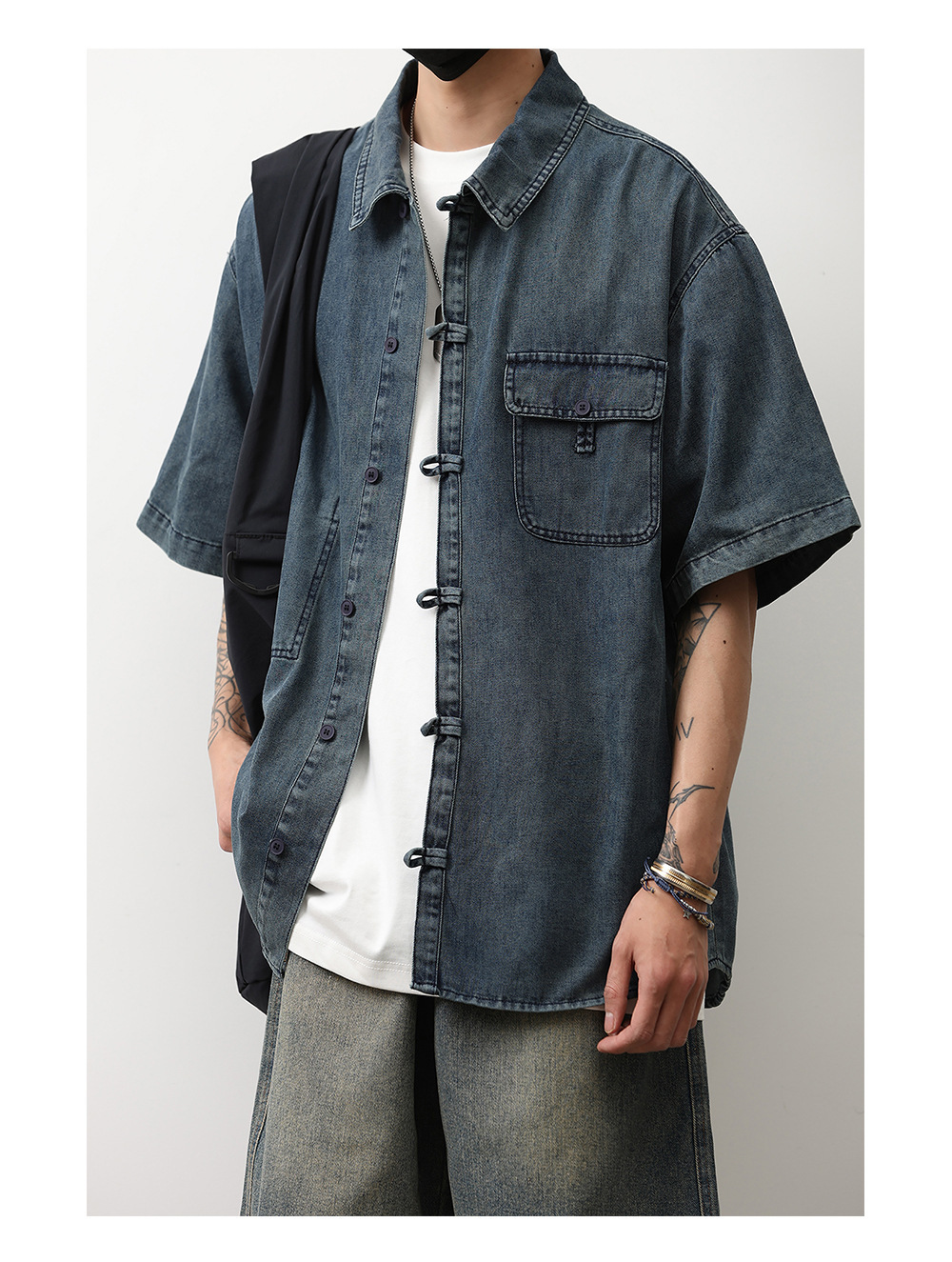 1 Denim Short Sleeve Summer New Chinese Niche Design Button Dark Blue Shirt Men's National Style Jacket Trendy_voghion.com