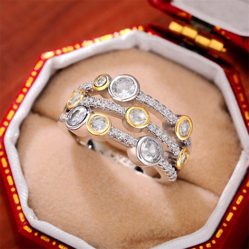 Cao Shi's Bicolor Zircon Ring with Hollow Geometric Lines, Dotted Diamond Ring, Women's Color Separation Ring_voghion.com