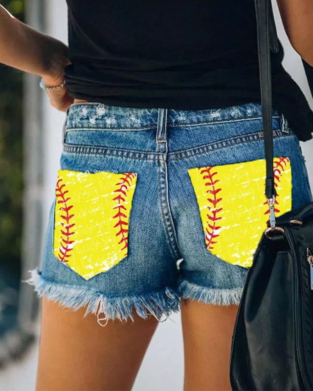 2022 European and American Cross-border New Sports Style Denim Shorts Printed Softball Hole Tassel Denim Shorts 2022 European and American Cross-border New Sports Style Denim Shorts Printed Softball Hole Tassel Denim Shorts
