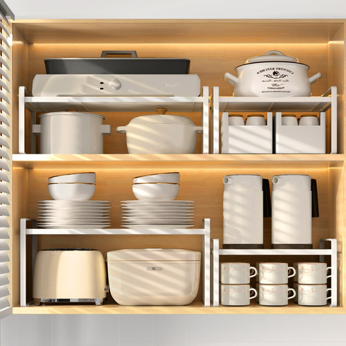 Layered storage racks in kitchen cabinets, countertop cabinet storage partitions, retractable under sink storage pot racks