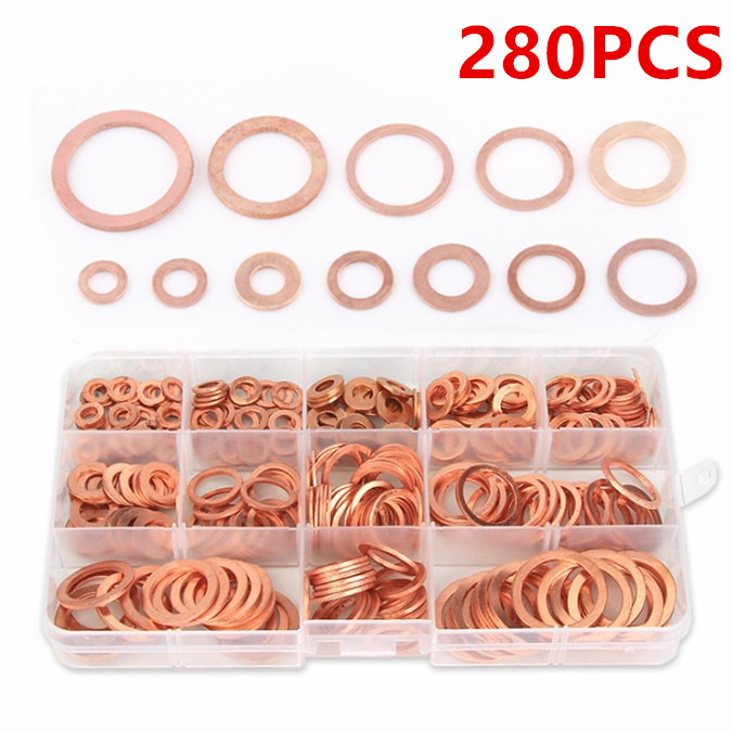 跨境爆款280PCS紫铜垫片油封垫片盒装垫片平垫圈组合套装密封铜垫