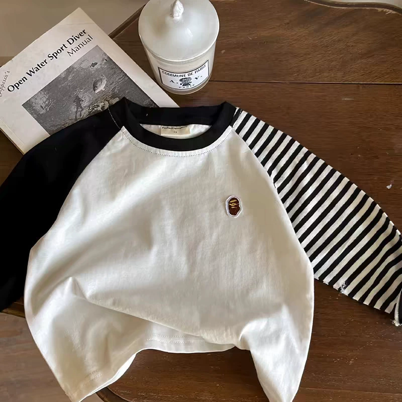 柠里 Children's autumn T-shirt, cartoon base body-friendly Japanese long-sleeve for boys, western style