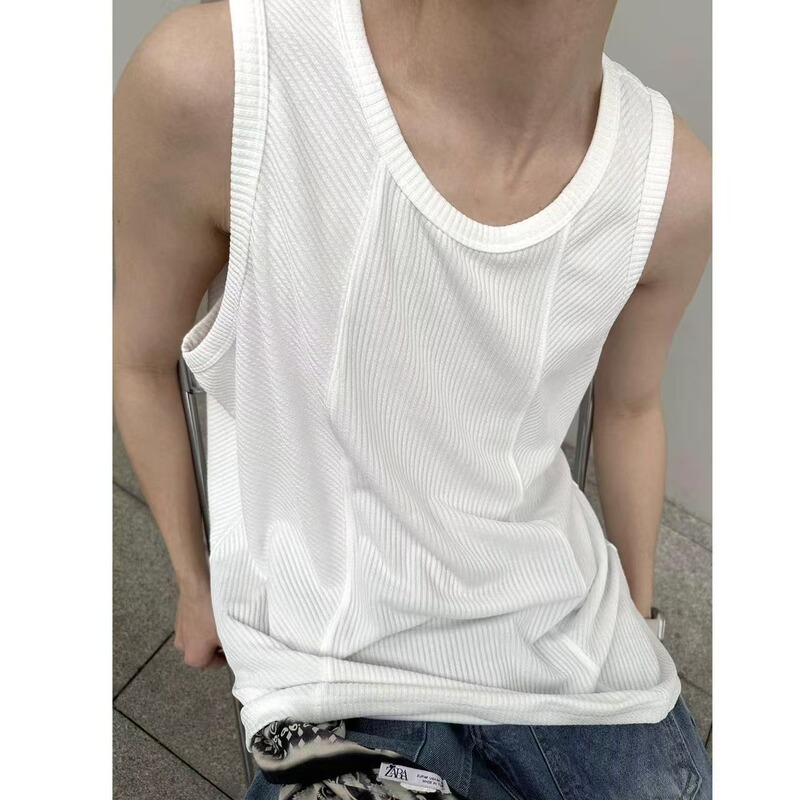 American-Style Color-Blocked Striped Vest for Men, Summer Outerwear, Heavyweight Sleeveless T-Shirt, High-End Fitness Sports Sweatshirt