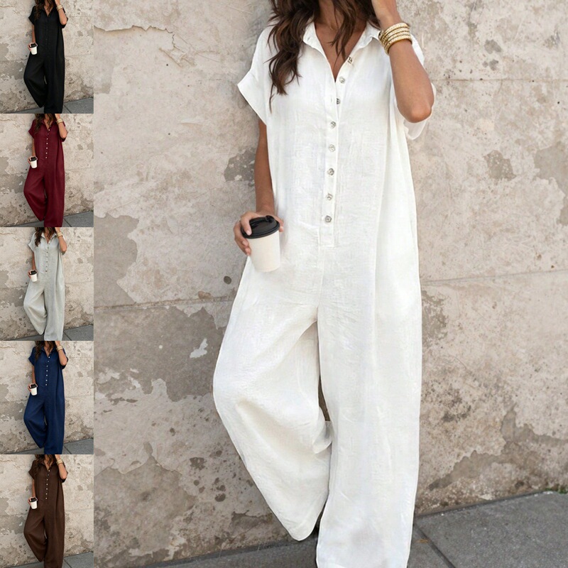 Independent European and American Cross-Border 2026 Summer Casual Elegant Workwear Solid Color Buttoned Loose Short-Sleeve Jumpsuit Independent European and American Cross-Border 2026 Summer Casual Elegant Workwear Solid Color Buttoned Loose Short-Sleeve Jumpsuit