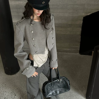 韩好甜WARDEN EDGE 花灰色短款毛呢外套女秋拿破仑风垫肩呢子外套