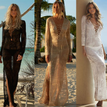 批发欧美针织长袖长款沙滩罩衫性感镂空绑带度假比基尼外罩衫跨境