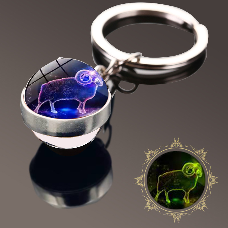 Amazon nuevo luminoso doce constelación tiempo gema de doble cara bola de cristal llavero colgante pequeño regalo