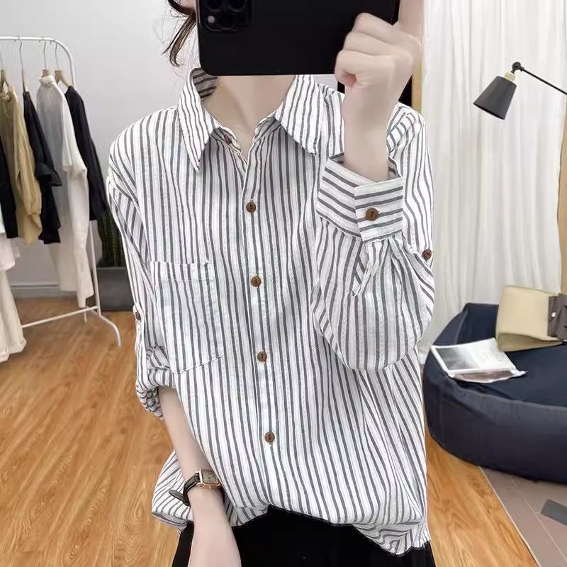 韩国纯棉提花条纹长袖衬衫女全棉秋季新款宽松上衣显瘦打底衫衬衣|undefined