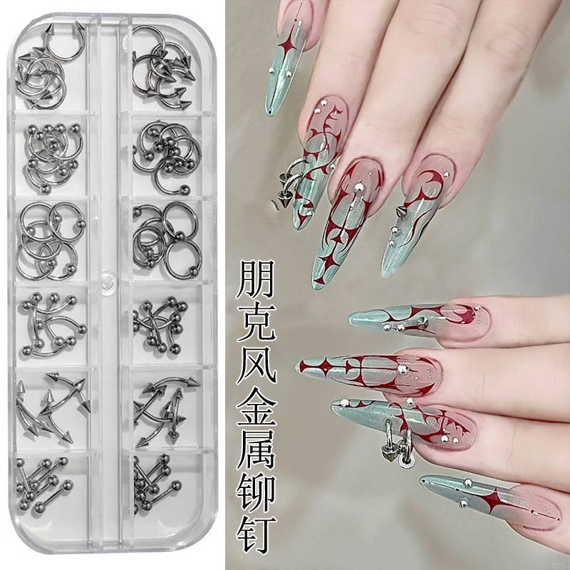 Cross-Border 12-Grids Rivet Nail Art Accessories Alloy Spicy Girl Perforated Croc Heart Punk Style Perforated Hoop Nail Decoration