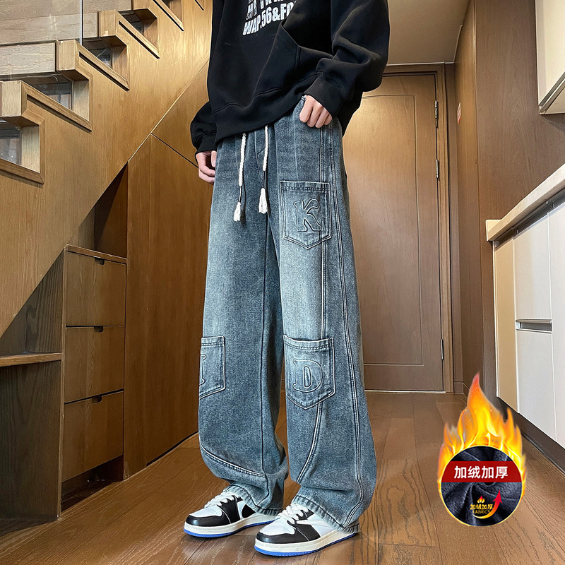 Men's Fleece-Lined Thickened Drawstring Pants 2025 Autumn and Winter New Men's Pants Youth Fashion Casual Trendy Jeans