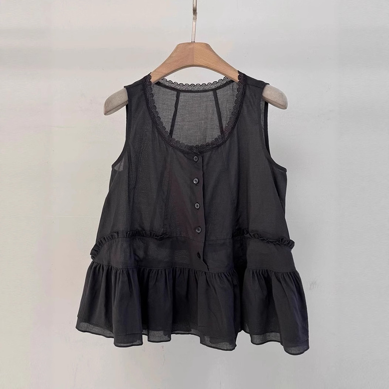 Niche 2025 Summer New Round Neck Casual Top Ruffled Black Lace Splicing Sleeveless Outer Vest