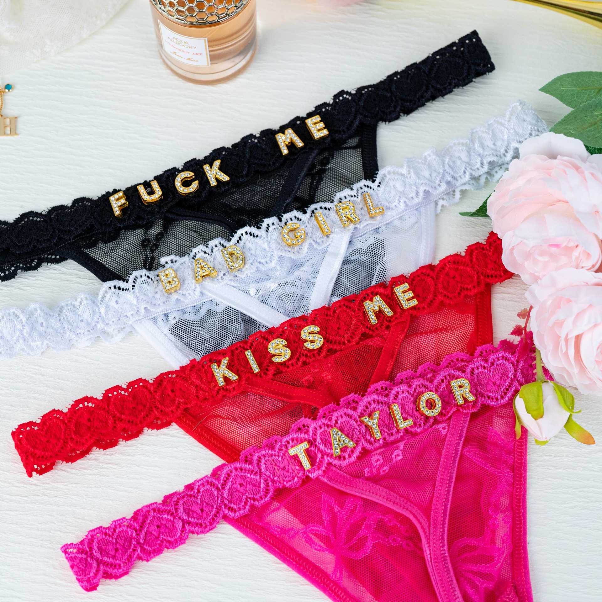 Cross-Border Popular Style, Not Easy to Fall Off DIY Metal Rhinestone Letter Thong Sexy Lace Panties Custom