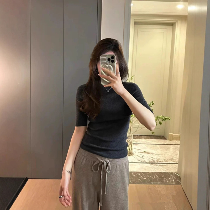 洋气修身五分袖打底衫女2025秋季新款半高领羊毛中袖针织衫女上衣|undefined