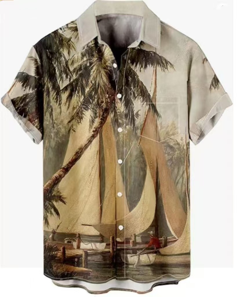 2023 nuevos hombres Hawaii europeo y americano ropa de los hombres impresión 3D del comercio exterior los hombres manga corta floja delgada camisa casual