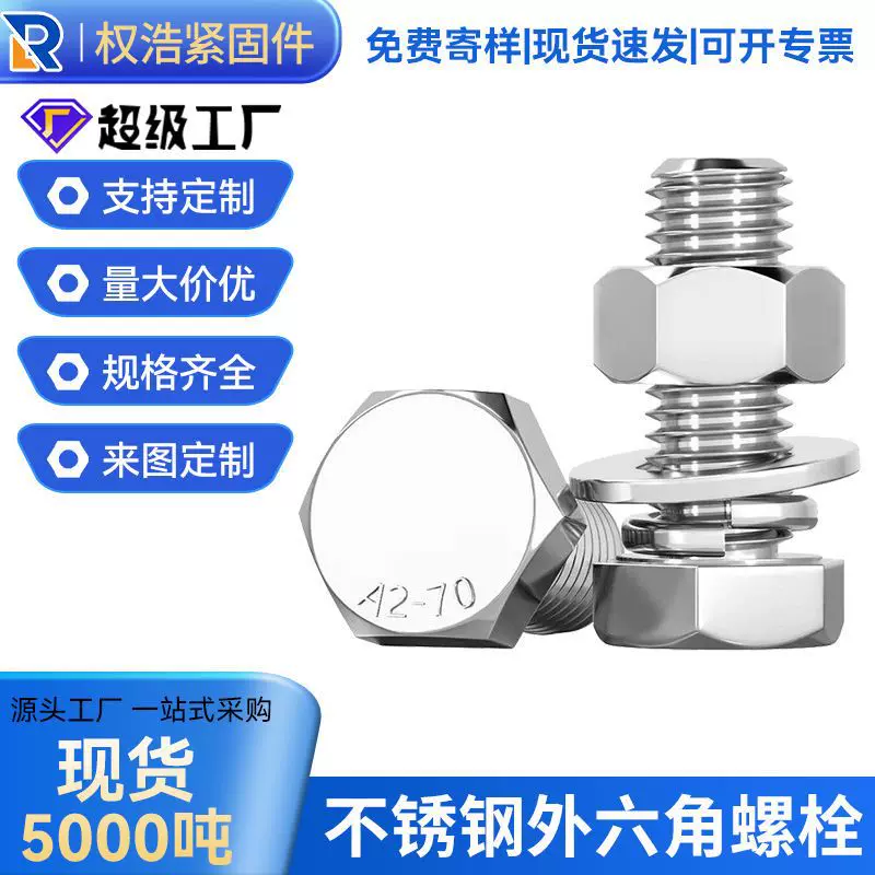 跨境厂家定制304不锈钢外六角螺丝全牙不锈钢外六角头螺栓半牙201