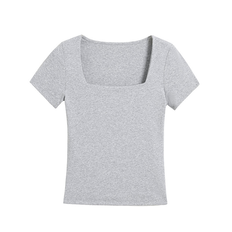 Cuello cuadrado francés, hombros rectos, gris fino, manga corta, verano puro, dulce y picante, camisa de fondo, camiseta fina, blusa interior