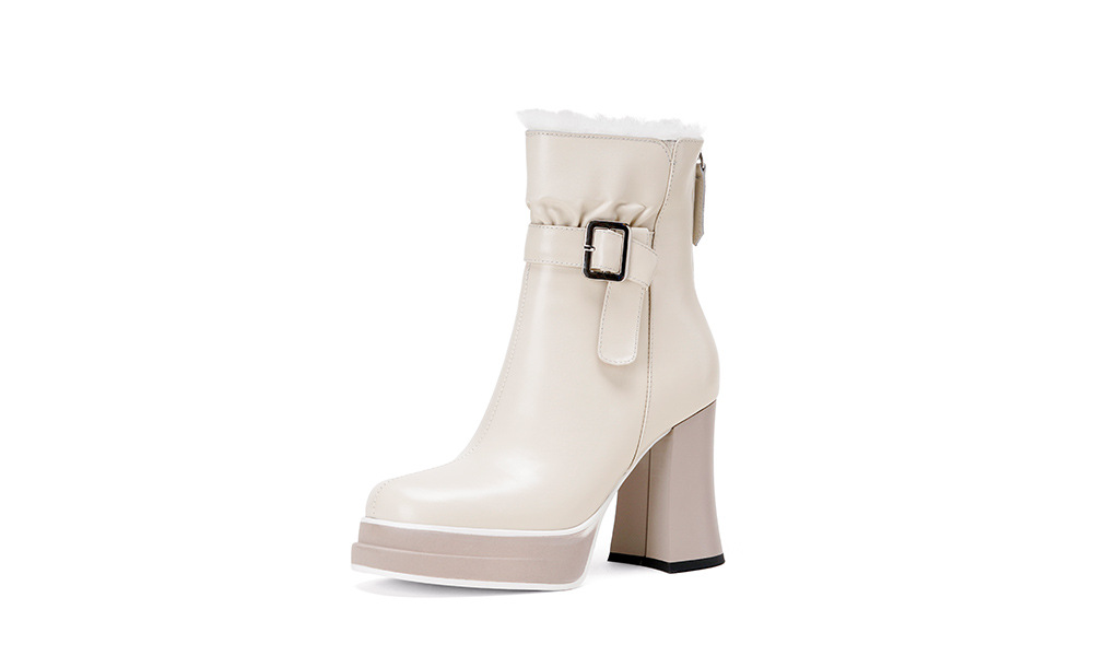 Boot nữ cổ thấp mũi vuông siêu cao gót da bò lót lông cừu ấm áp — màu đen chi tiết 23